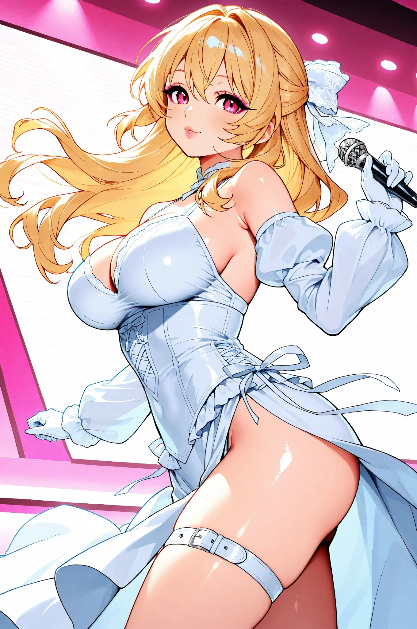 Alone rabbitfolk, fantasy race, large breasts, bard, smallest bikini, blond hair, rabbit ears, rabbit tail, musical instrument, thick thighs, wandering minstrel, slutty,
