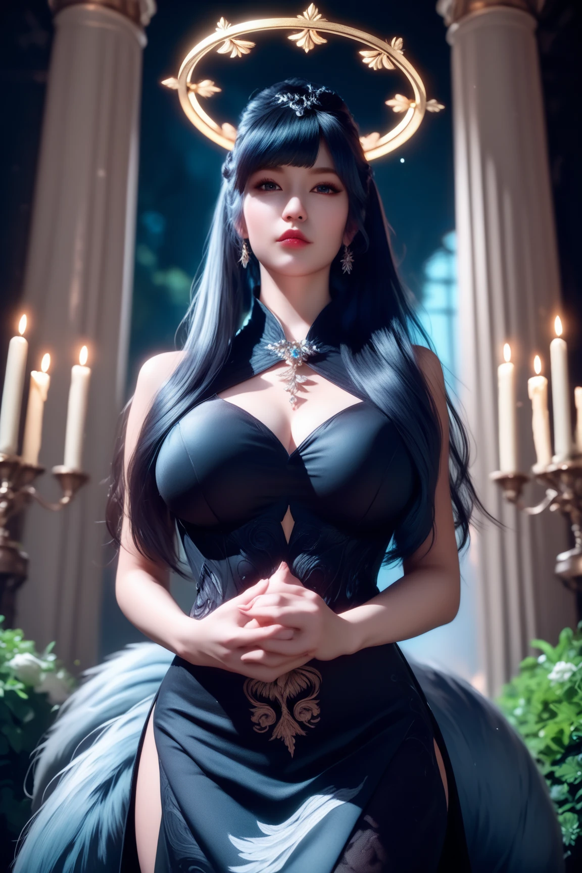 (A hyper-realistic)、(illustratio)、(hight resolution)、(8K)、(ighly detailed)、(Best Illustration)、(beautifully detailed eyes)、(top-quality)、(ultra-detailliert)、(masterpiece)、(Gorgeous Stage)、(详细的脸)、独奏、女の子 1 人、Viewer's Perspective、detaileds、详细的脸、Dark、deep-shadows、lowkey、pureerosfaceace_v1、A smile、Colossal tits、Ultra High Leg Black&White studded、piercings、a necklace、Pony tail、(Hair color is gray lavender)、big breasts thin waist、Beautiful body curves、Ultra-fine makeup、