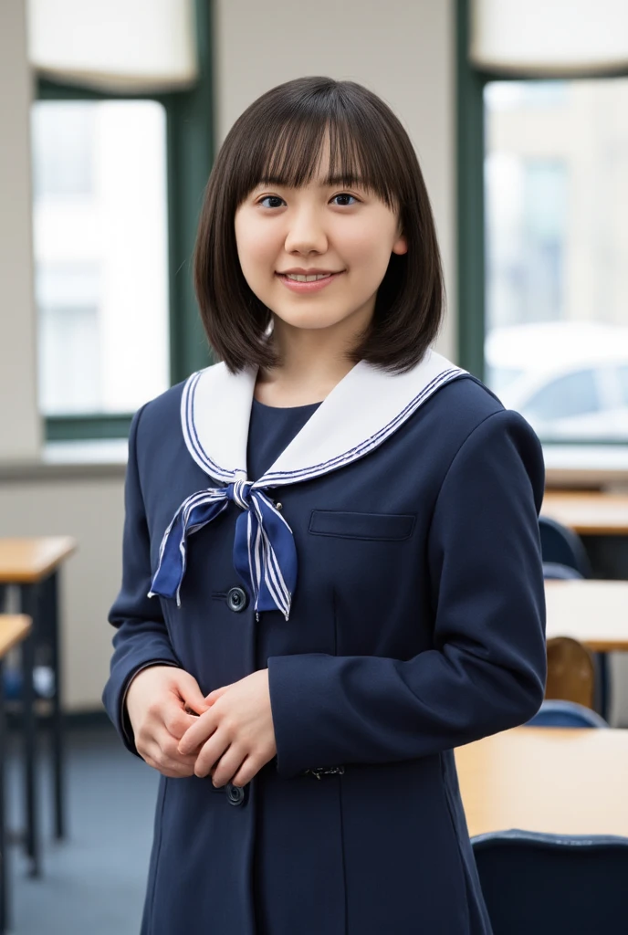 lens: 135mm f1.8, (highest quality),(RAW Photos), (Tabletop:1.1), (Beautiful 13 year old Japanese girl), Cute Face, (Deeply chiseled face:0.7), (freckles:0.4), Speckled sunlight, Dramatic lighting, (Navy blue sailor suit), Long sleeve, (In the classroom), shy, (Close-up shot:1.2), (smile)