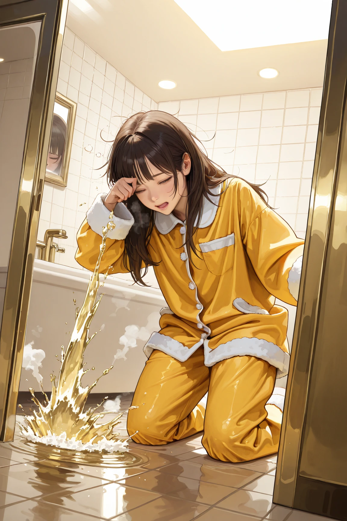 Masterpiece、high resolution、female、Adult women、((Twenty years old))、pajamas、((Brown shorthair))、((Peeing))、(((Pee)))、Looking into the distance、I'm in trouble、Embarrassing、Trouble、cry、Trembling、Blushing cheekouth breathing、(Open your mouth)、Arms folded behind back、Spread your legs、Are standing、((Sitting on the floor))、Spread your legs wide、bow-legged