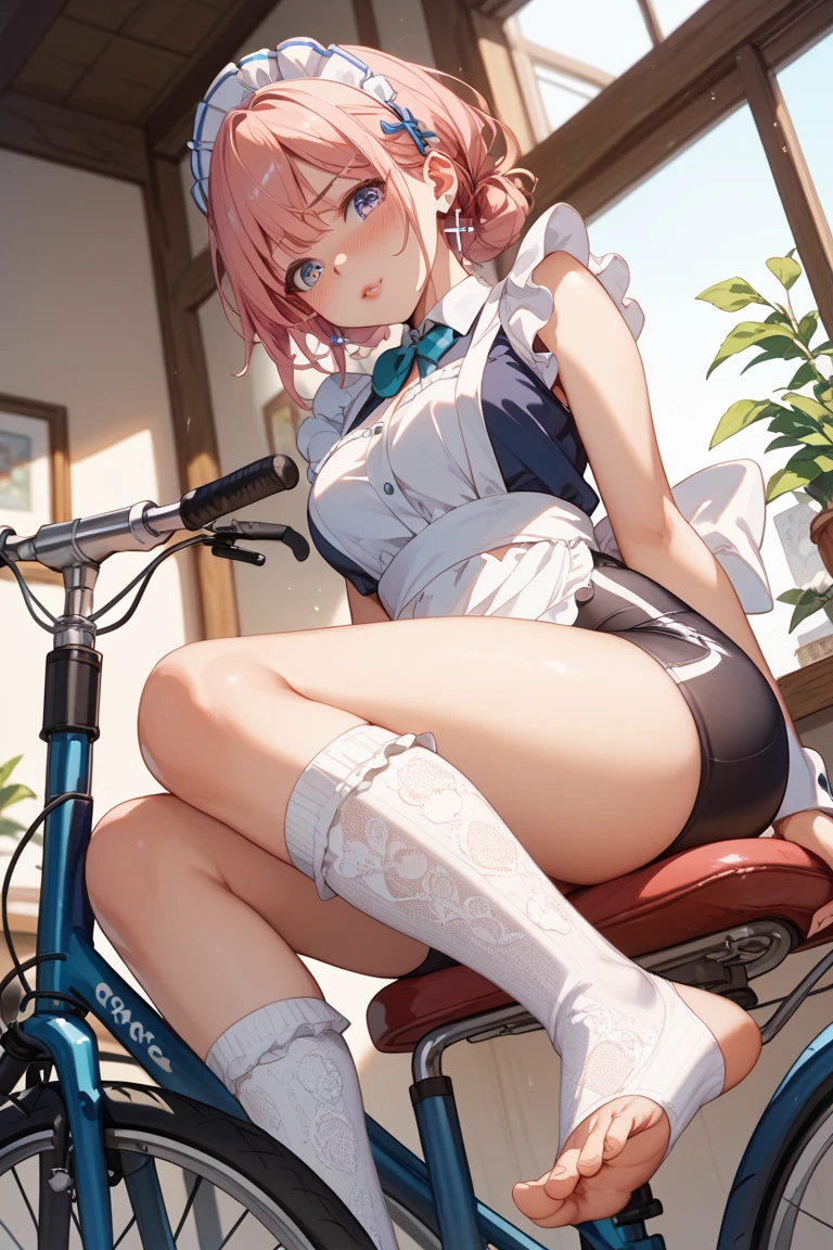 style of anime,Cute anime style girl,Short white hair,Heterochromic pupils,Wear high-top pink sneakers,blue hair ribbon,see-through transparent clothes,Transparent skirt,Panties and underwear can be seen,chiquita,your legs,huge tit,Short ponytail hair,Exposed panties,white panties,Look up,Look at the bottom of the skirt,Lift one foot forward to expose the sole,You can see the sole,The sole is completely exposed,Draw the sole,chiquita,A photo of the lower body