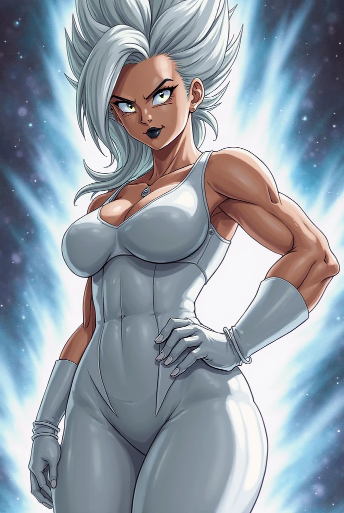 Generate an illustration of a mature Clair, gym leader of pokemon, ponytail, holding a poke all, de terno preto, long hair, hair flows straight down, darkblue hair, (gigantic breasts:1.4), blue outfit in anime format with a serious style, (black cape), blue tights, blue boots, gothic make up, masterpiece, ((dark lighting)), black background, puffy lips,slendered abs, beautiful face,