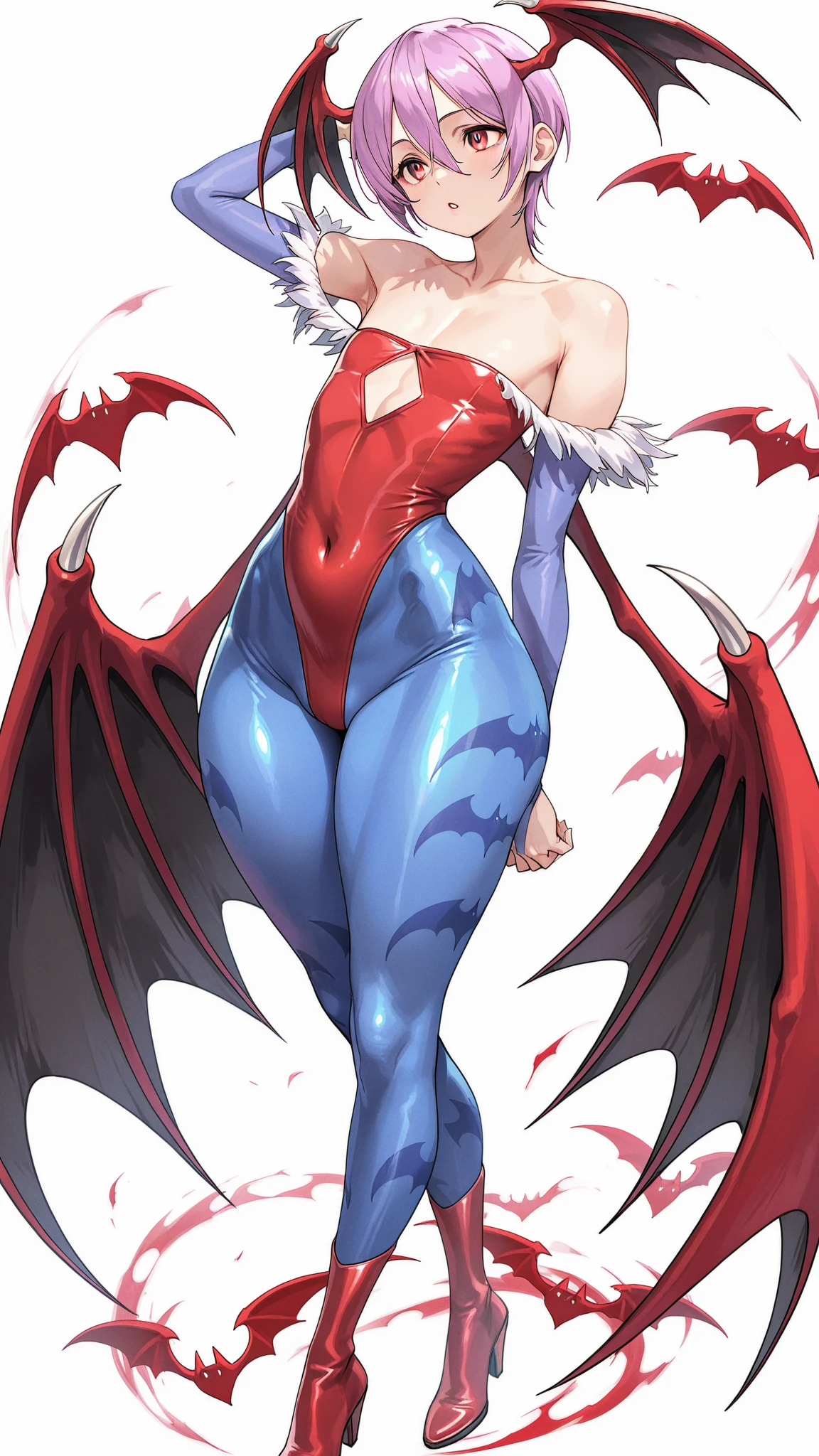(best quality,masterpiece:1.2),intricate details,beautiful detailed eyes,beautiful detailed lips,extremely detailed eyes and face,longeyelashes,darkstalkers_lilith modeseven,super curvy,comic style,vibrant colors,standing,innocent, full body, standing, smile,Modeseven - Style