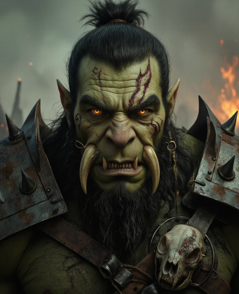 an orc portrait shot , thunder in the background , striking cinematic visuals, hes doing a battle shout , detailed pupils