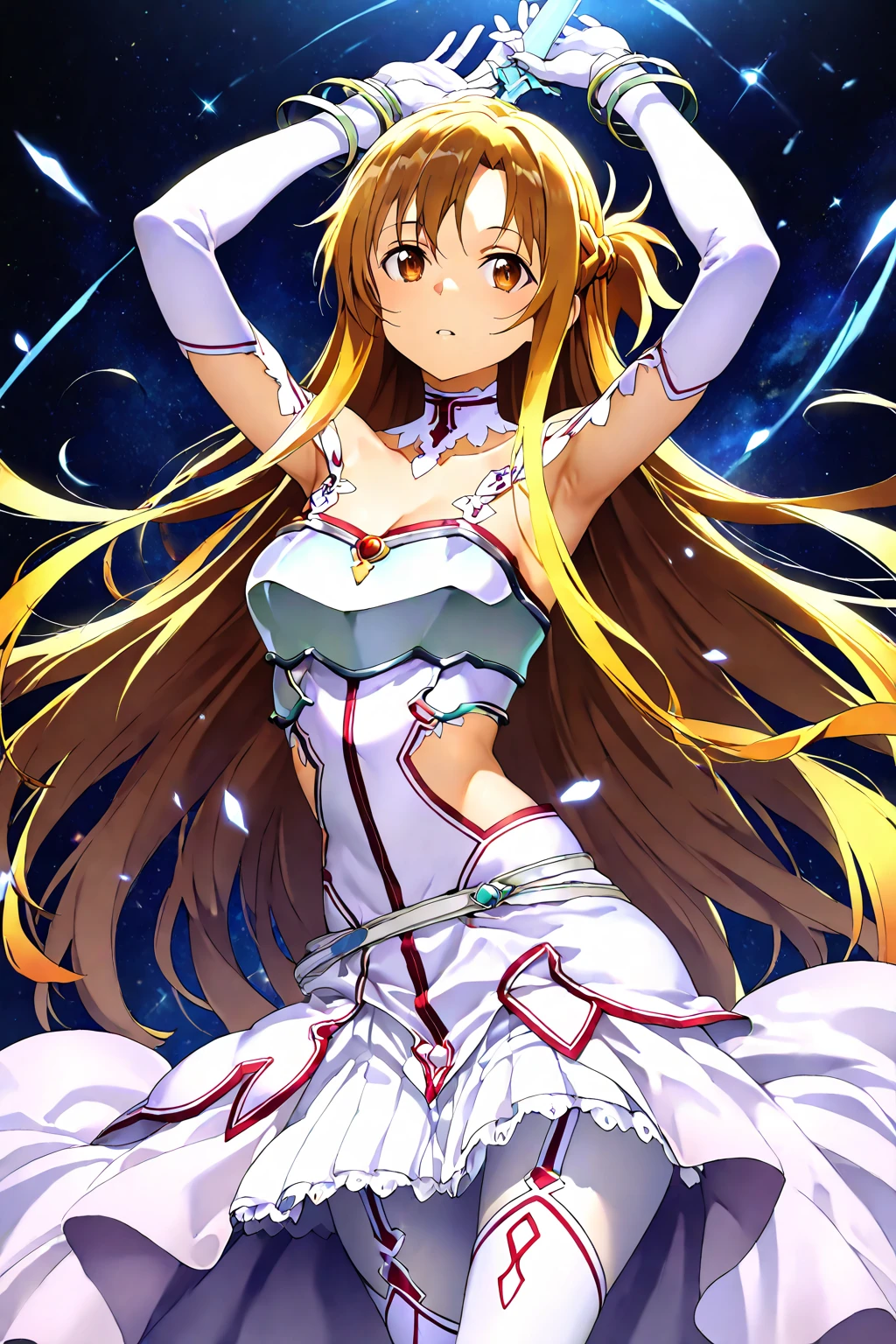 Yuuki Asuna, anime style beautiful woman, Best Quality, perfect anatomia, ultra-detailliert, 1girl in, Solo, breasts, athletic bodies, Good hands, good legs, Good knees, nigh sky, Stars, Long hair, medium breasts, Looking at Viewer, Happy, Bangs, Brown hair, thighs thighs thighs thighs, gloves, Dress, cleavage, Bare shoulders, Brown eyes, Very long hair, cross one's legs, White Gloves, White Dress, armor, white thighhig, garter strap, White armor,Skirt lift, White lace panties,on the bed,