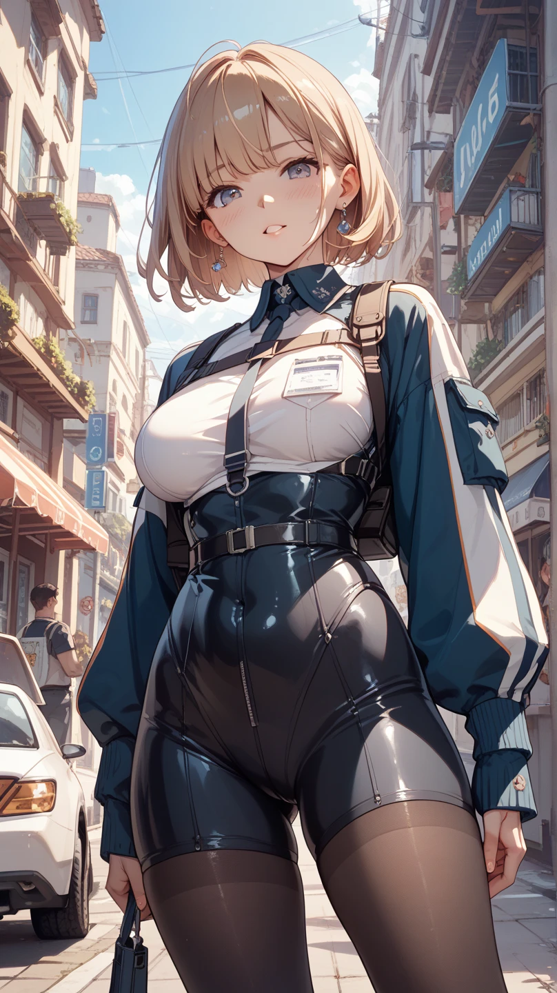 {{masterpiece}},{best quality}, {solo}, ((one girl)), highres, extremely detailed CG wallpaper,(cowboy shot,looking at viewer),(standing, sunny day, outdoor, walking down the street, street view,cityscape:1.3),
(latex), large breasts, blush,(pink bikini,thigh boots:1.3),
(black sleeves,straitjacket:1.2),<lora:Straitjacket:1>,
<lora:HayasakaAI:0.7>,