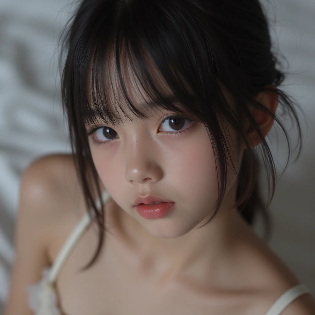 ((Highest quality)), ((Photo quality)), (detailed), Perfect Face,12 years old,Upper Body,Thin arms,White skin,bed,Thin camisole