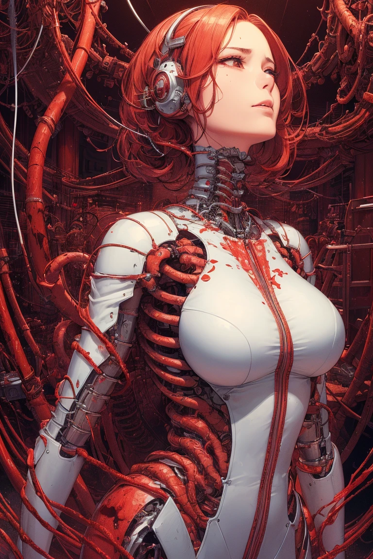(masterpiece, top quality, best quality, official art, beautiful and aesthetic:1.2), (1girl:1.3), extreme detailed,colorful,highest detailed ((ultra-detailed)), (highly detailed CG illustration), ((an extremely delicate and beautiful)),cinematic light,((1mechanical girl)),solo,full body,((real breasts,real nipples)),(machine made joints:1.2),((mechanical limbs)),(blood vessels connected to tubes),(mechanical vertebra attaching to back),((mechanical cervical attaching to neck)),(fetal position),expressionless,(wires and cables attaching to neck:1.2),(wires and cables on head:1.2)(character focus),science fiction,creepy lab background,(blood:1.5)