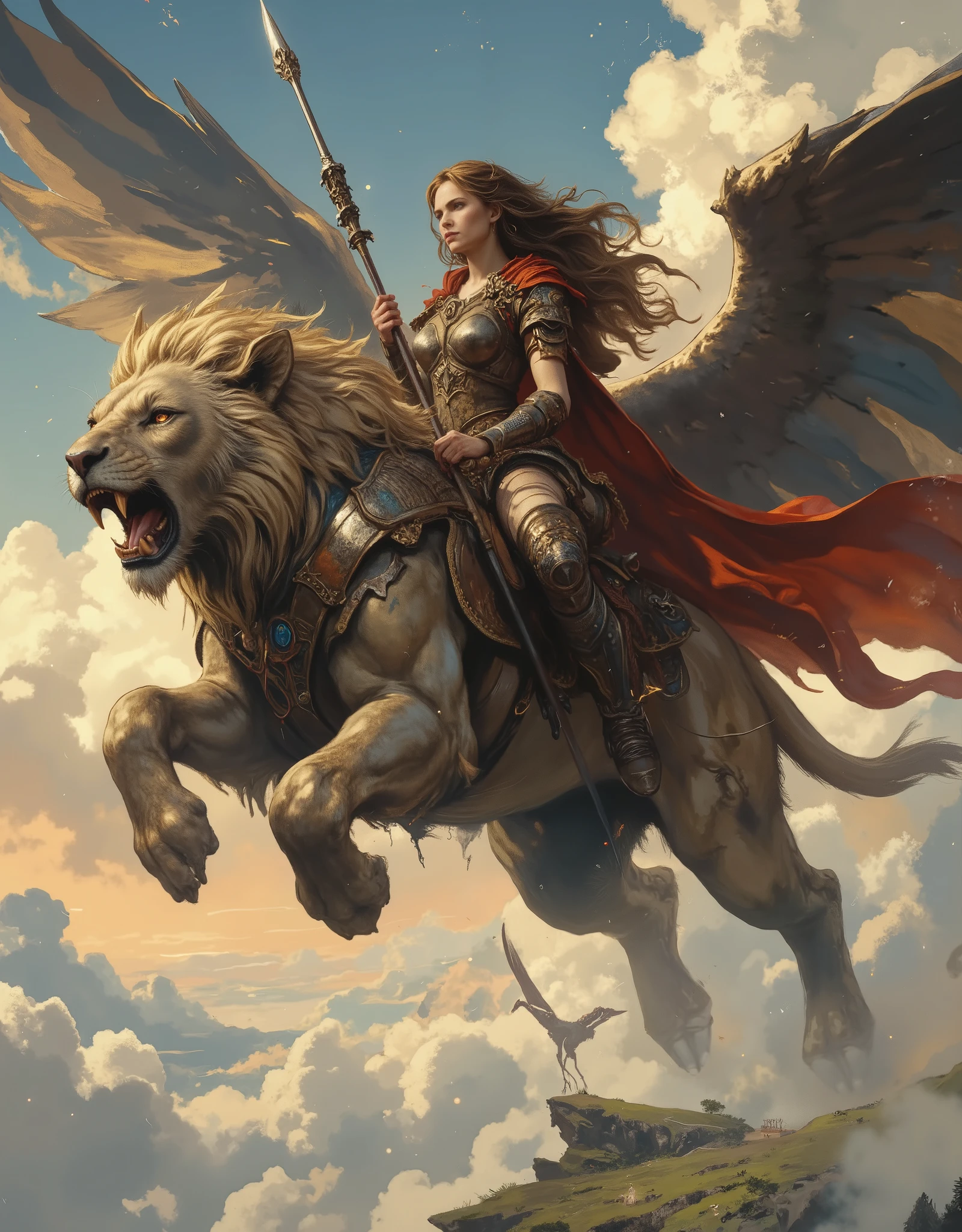 A fierce young woman confidently stands astride a huge lion, her hair fluttering in the wind as they soar through the sky. Dressed in leather armor and a flowing crimson cape, she clutches a silver spear, her gaze fixed on the horizon. The lion beneath her, a majestic creature with shimmering fur and huge wings, emits a deafening roar as it soars above the clouds, while its rider is unwavering and fearless.