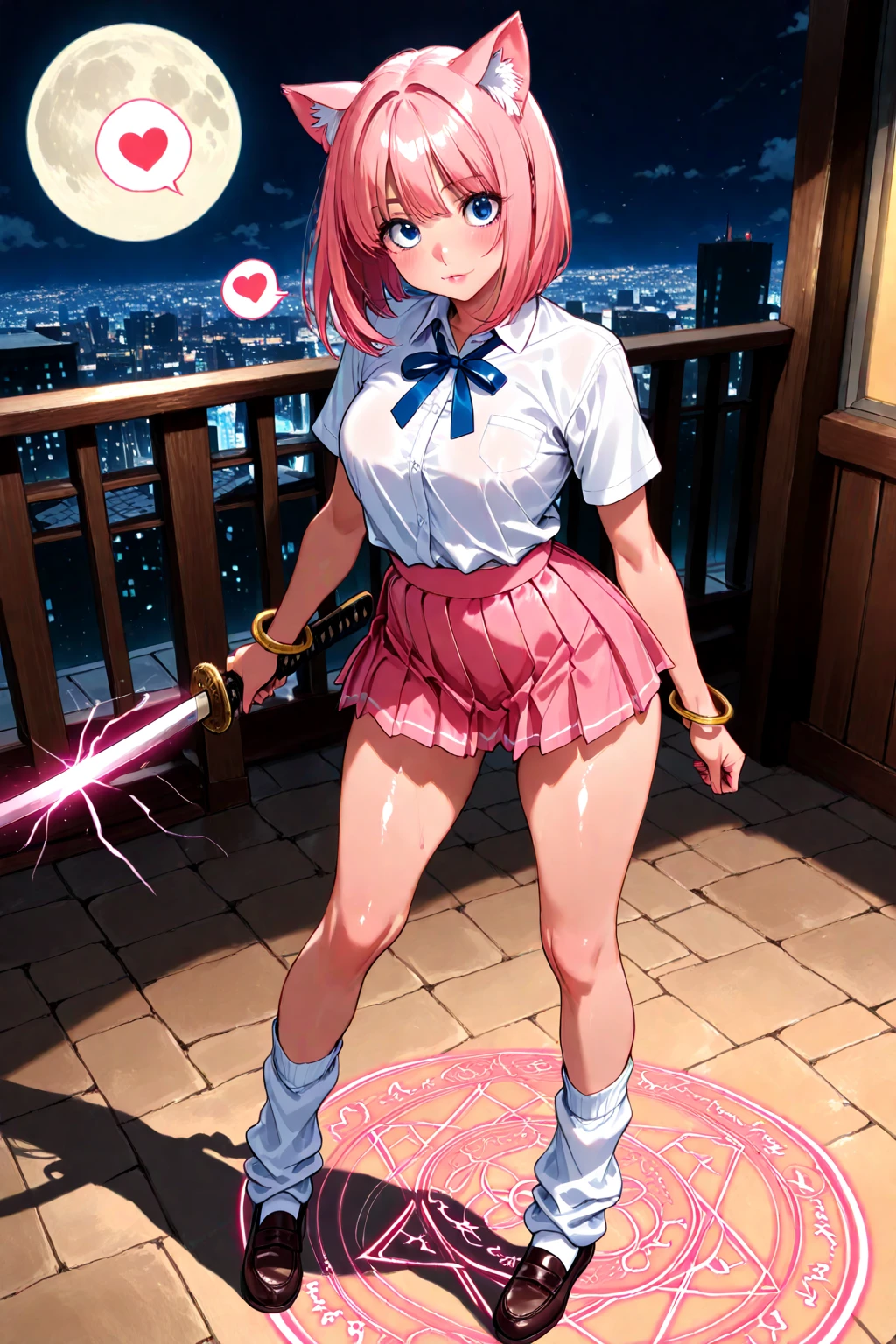 (((High quality))), 1girl, solo, pink hair, messy hair, bangs, black eyes, large breasts, wide hips, tall, thick thighs, white blouse, blue skirt, round glasses