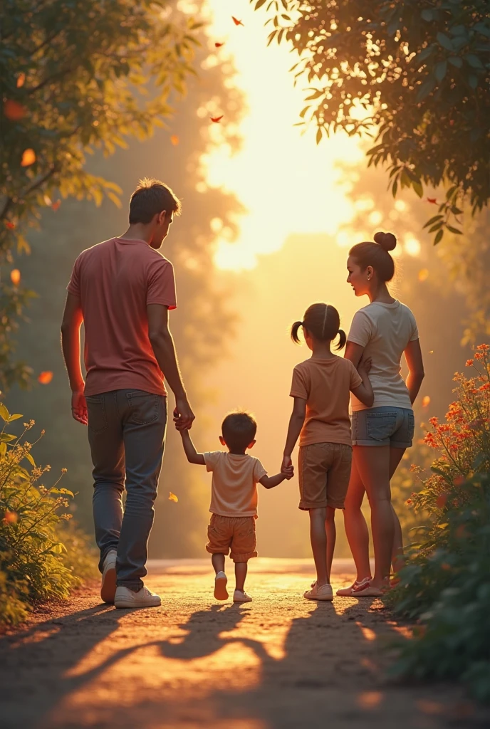 High Resolution, Masterpiece, Accurate, Best Quality, Detail, High Details, High Quality. A 2 Indonesian wife, wearing a white t shirt, blue jeans, long dark hair, white skin, height: 155 cm, weight: 45 kg. A 30 year old indonesian husband, wearing a white t shirt, a white pants, short dark hair, white skin, height: 160 cm, weight: 55 kg. A  boy with short hair, wearing yellow shirt, black pants, white skin, height: 95 cm, weight: 13 kg. The image shows a young family of three walking in a forest. The family consists of a mother, father, and their young son. The mother is on the left side of the image, wearing a beige cardigan and white pants, and the father is in the middle. The son is in front of them, holding hands with the mother and father. They are all smiling and looking at the camera. The background is filled with tall trees and the ground is covered in fallen leaves. The sun is shining through the trees, creating a warm glow on the family.