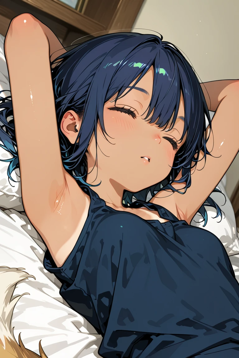 best quality, amazing quality, very aesthetic, absurdres, (1girl, aris, blue archive, solo, blue eyes), (realistic face:0.9), (official art:1.3), looking_at_viewer, blush, open_mouth, bangs, navel, nipples, hetero, lying, one_eye_closed, teeth, solo_focus, tongue, tears, on_back, armpits, clothes_lift, arms_up, bottomless, bed_sheet, pov, shirt_lift, trembling, camisole, tearing_up, (1boy, dark skin male, out-of-frame_censoring, implied_sex, tickling), expressive eyes, perfect face, extremely detailed eyes, perfect anatomy, smooth skin, clear eyes, beautiful face, small breasts, panties, (anime style:1.7), (Warm Light:1.7), (highres:2), (Chiaroscuro)