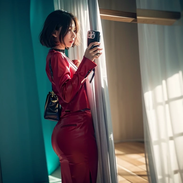 1girl, Uchiha Sarada em Anime Boruto, short hair, cabelos pretos, olhos vermelhos, sorrir, Beautiful, vestido sexy, roupas sexy, roupas vermelhas, Wear red glasses, peito muito grande, Roupas realistas, detalhe roupas, Fundo exterior, ultra detalhe, Realistic