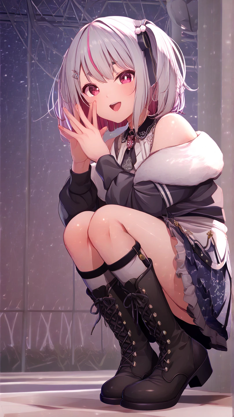 (8K、Best image quality、Highest quality、masterpiece)、Detailed face、1 Girl、Dark silver hair、Bobcut、Pink inner hair、Pink Eyes、Earrings、Wicked Smile、Moderate bust、White shirt、Long sleeve、((Removed buttons))、Cleavage、Black pleated skirt、((White and black striped panties))、White socks、loafers、Sitting, Raise your knees、avert your eyes、Shooting from above、Back Alley Background、
