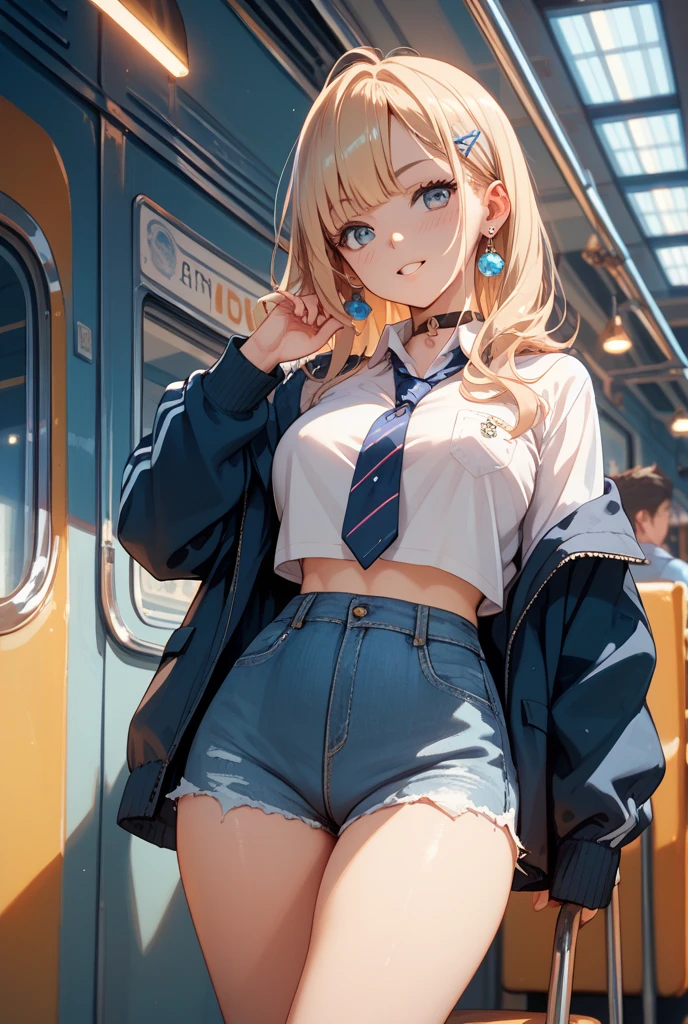 (masterpiece, best quality, ultra detailed, absurdres)1.5, 1girl, (sexy, beautiful woman, perfect face, perfect eyes, perfect female body,e cup  breasts),(early 30s woman)1.5,wolf cut, white hair, lips, short hair, belt, brown belt, brown pantyhose, crop top, crop top overhang,white jacket, , pantyhose, pleated skirt, shirt tucked in, skirt, blue skirt, white crop top, loafers, ), (sitting, bench, train station, Japanese city in background, shopping bag), perfect lighting, smooth, hdr