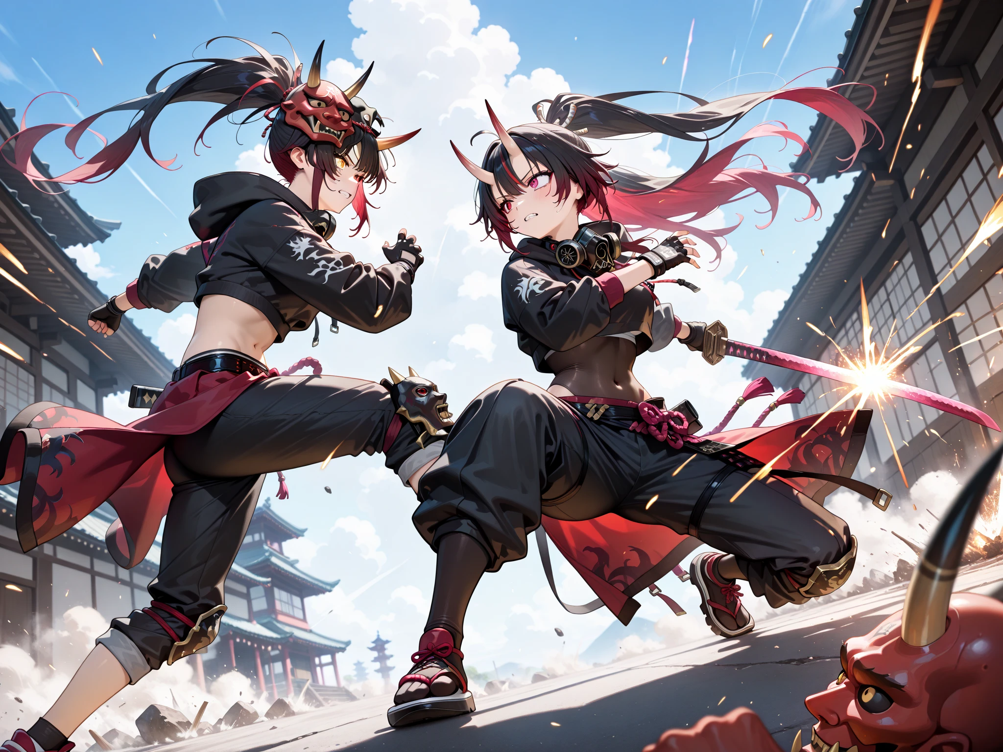 Full body shot from head to feet, two adult female kunoichi. A thrilling and intense masterpiece depicting a deadly duel between Kasumi versus Ayane, both expert swordswomen, with the fight reaching a climactic moment of truth. The dynamic action capture the moment as Ayame takes a lethal blow and succumbs to her injuries, leaving Kasumi as the sole victor in this high-stakes battle. Kasumi have long loose hair. Ayame have long loose hair. Kasumi wear traditional sleeveless kimono, obi tied on the back hip, black long gloves, medium skirt, and black thigh highs. Ayame wear traditional sleeveless kimono, obi tied on the back hip, black long gloves, medium skirt, and black thigh highs. Background set on lush forest, with no effect.