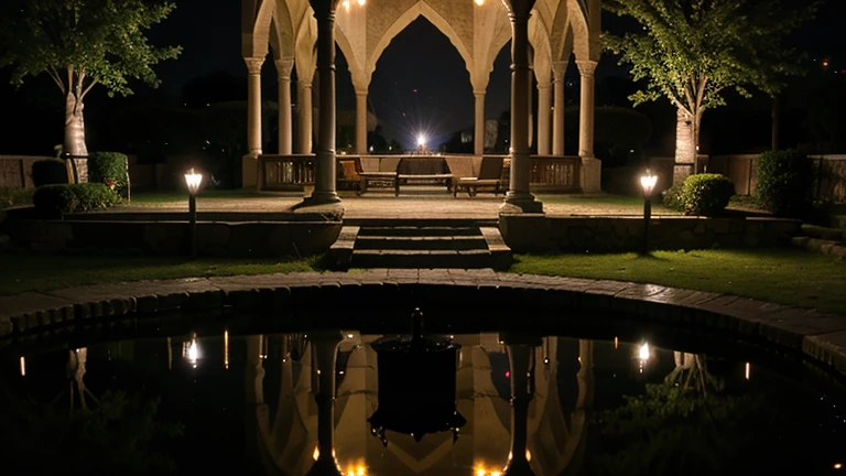 mosque, beautiful, exterior, trees, sexy girl, river, night, (((stars in sky)))