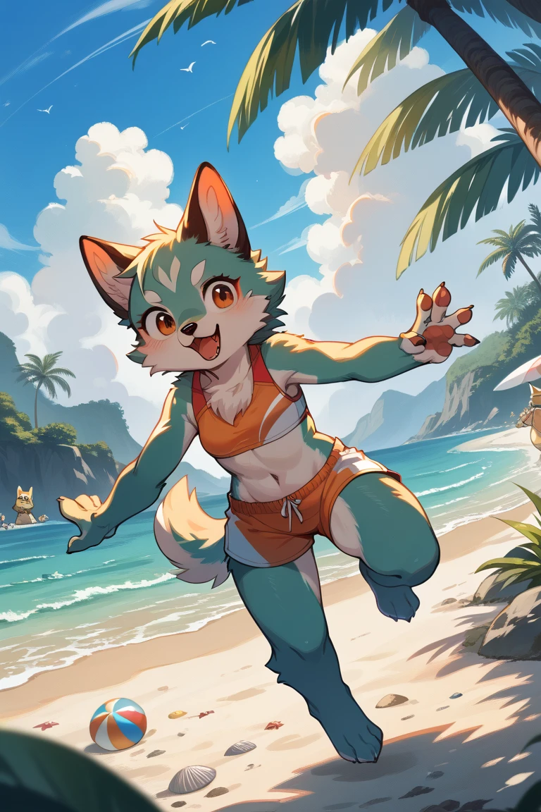 tails the fox, 1 boys, ((luffy arms, fluffy legs, fluffy ears,)), anthro,  high resolution, beautiful face, beautiful eyes, hyper detailed, Masterpiece, high quality, studio quality, intricate details, 8k, dynamic shot, HD, elbow gloves, thick thighs, navel, 