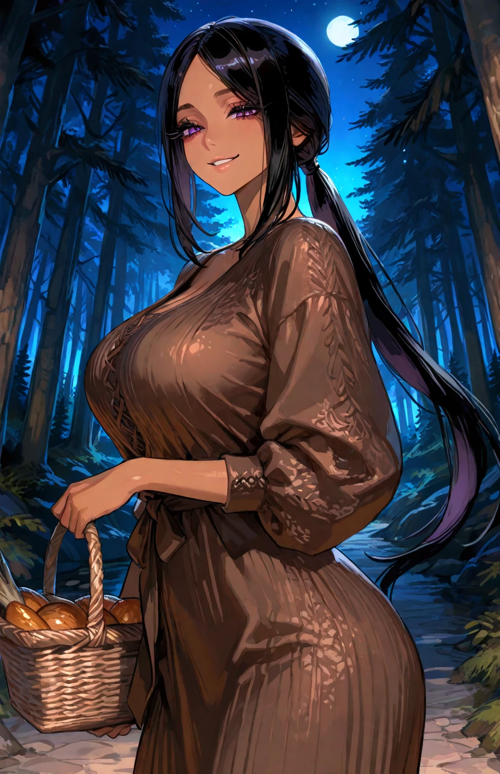 a mature woman, wearing a purple kimono with floral designs, sorceress class hat, brown hair, long hair, brown eyes, big breasts, exposed breasts, walking outside a wooden house in a forest, trees in the background , with fantasy aesthetics, at night, with fireflies,.UHD, masterpiece, accurate, anatomically correct, textured skin, super detail, high quality, best quality, 8k, high resolution, bokeh effect. (woman alone)

