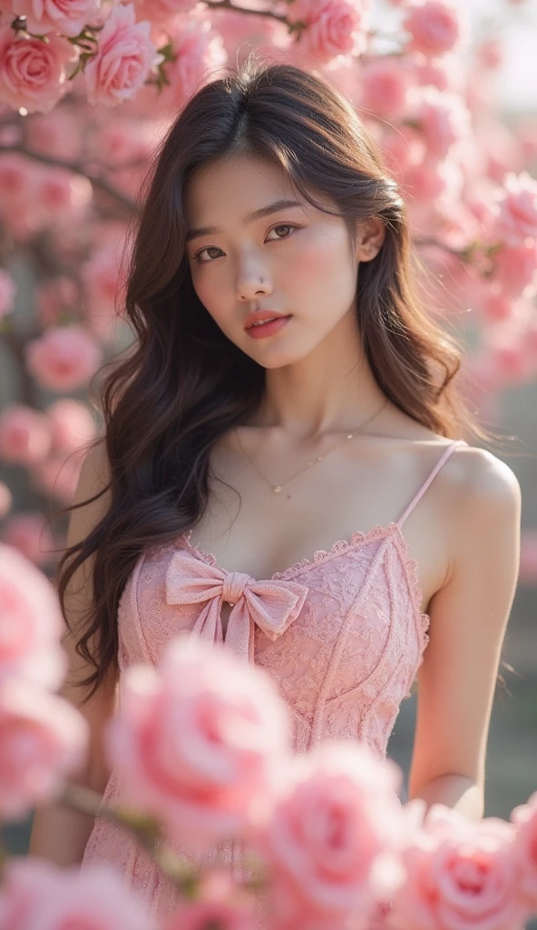 Large Breasts、pink kimono、Cinematic atmosphere、Professional composition、Natural Body、fantasy,flower arrangement、looking at the camera、real、nature