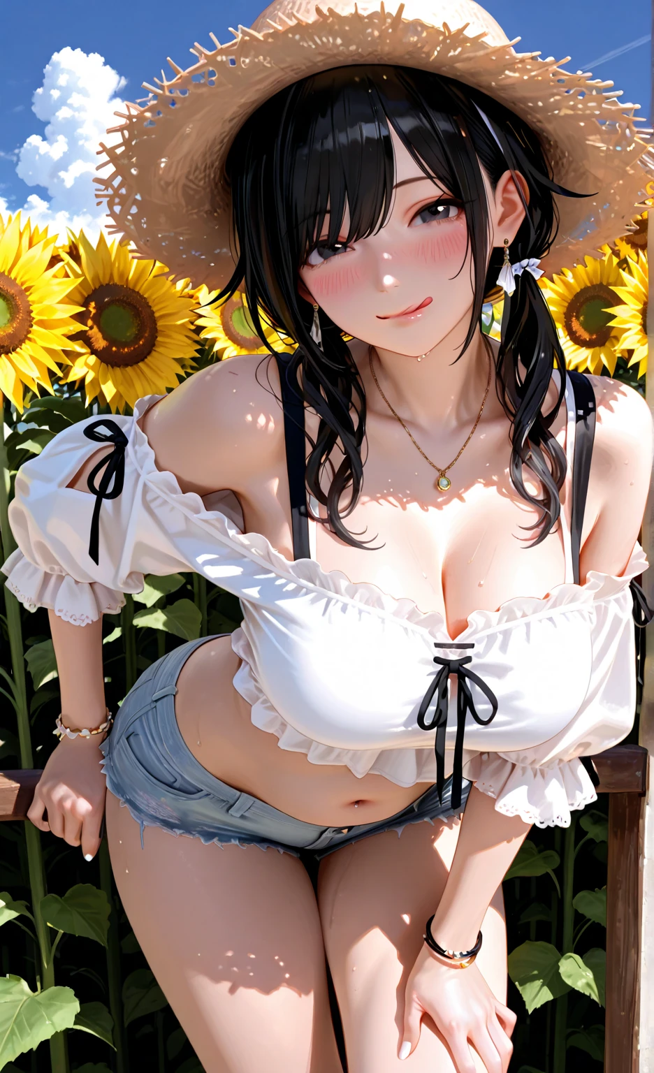 Detailed facial details，1 girl、Cat ear，Black long hair, Charming red eyes, Radiant Skin，red lips，Pure white bra，Denim shorts，White socks，Slim，Large Breasts，Facial details are very detailed, handcuffs，Collar，garden，grassland