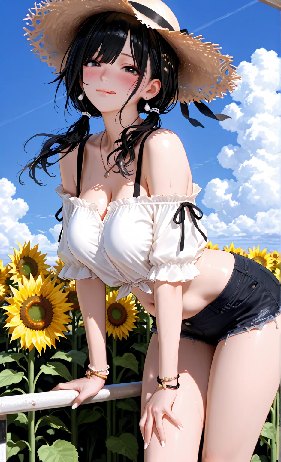 Detailed facial details，1 girl、Cat ear，Black long hair,Red lips，Wear denim overalls，Large Breasts，Denim shorts，Slim，Charming red eyes，Handcuffs，Collar，Radiant Skin，Facial details are very detailed, Sit on flowers，Sea of Flowers