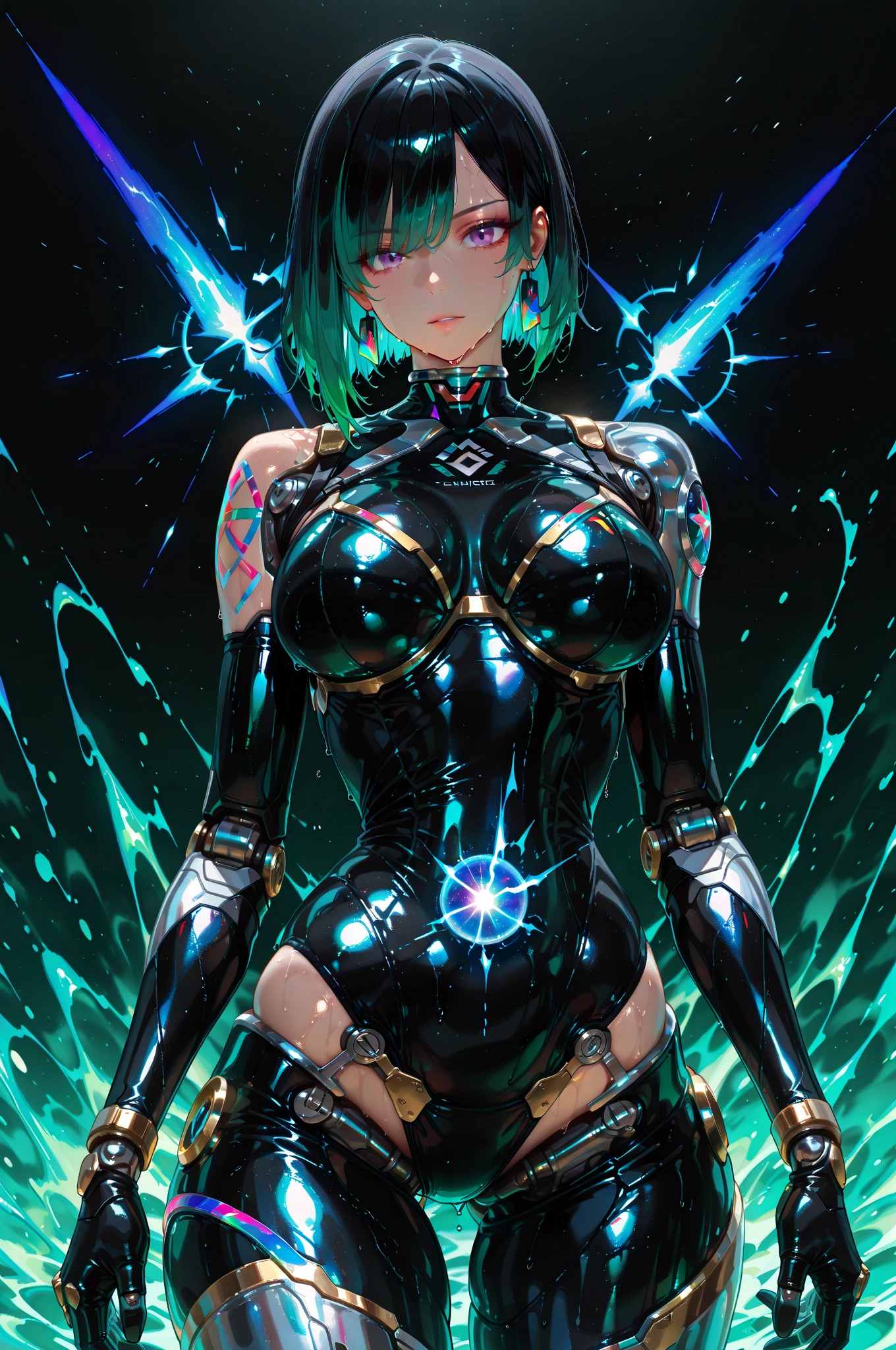 (best quality, high resolution, Extremely detailed), futuristic armor, Detailed face and eyes, Powerful pose, Vibrant colors, Science Fiction, Glowing particles, Intense backlight, metallic feel, Vibrant atmosphere，huge , Crazy ?????? swelling, ????? larger than shoulder blades, ??????????? and thin waist，(????????????:1.2)，Hydrated skin（（rogue））（（非常huge??）），（（Grooves reveal original skin）)