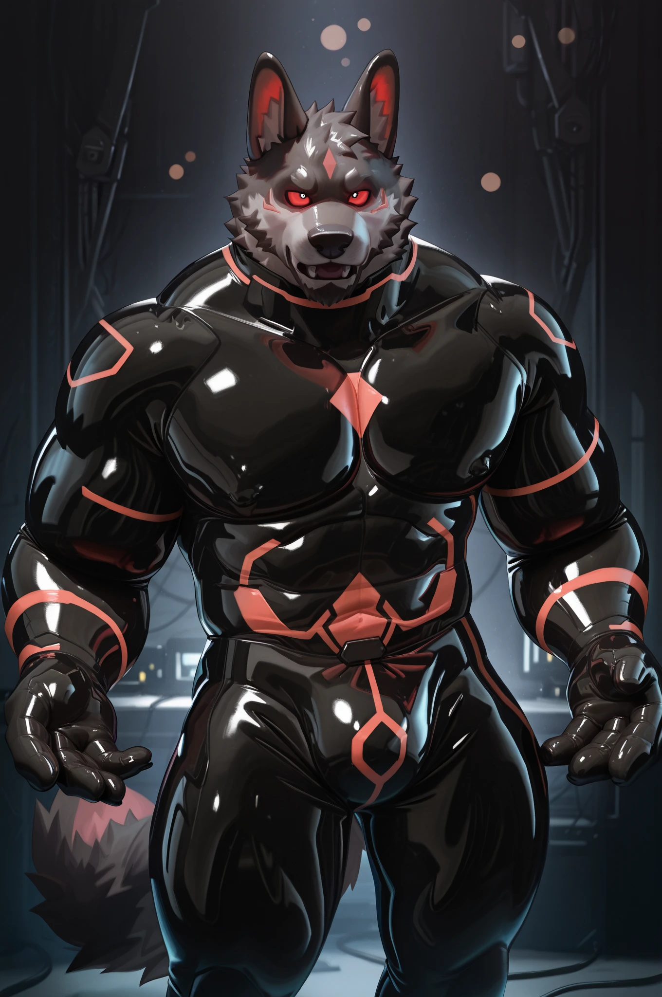 ((best quality)), ((masterpiece)), (detailed) muscular male, werewolf, grey fur, huge muscles, huge crotch, by doooo2424, black fullbody skintight rubber catsuit, black clothing, beard, facial hair, limb belts, dog collar