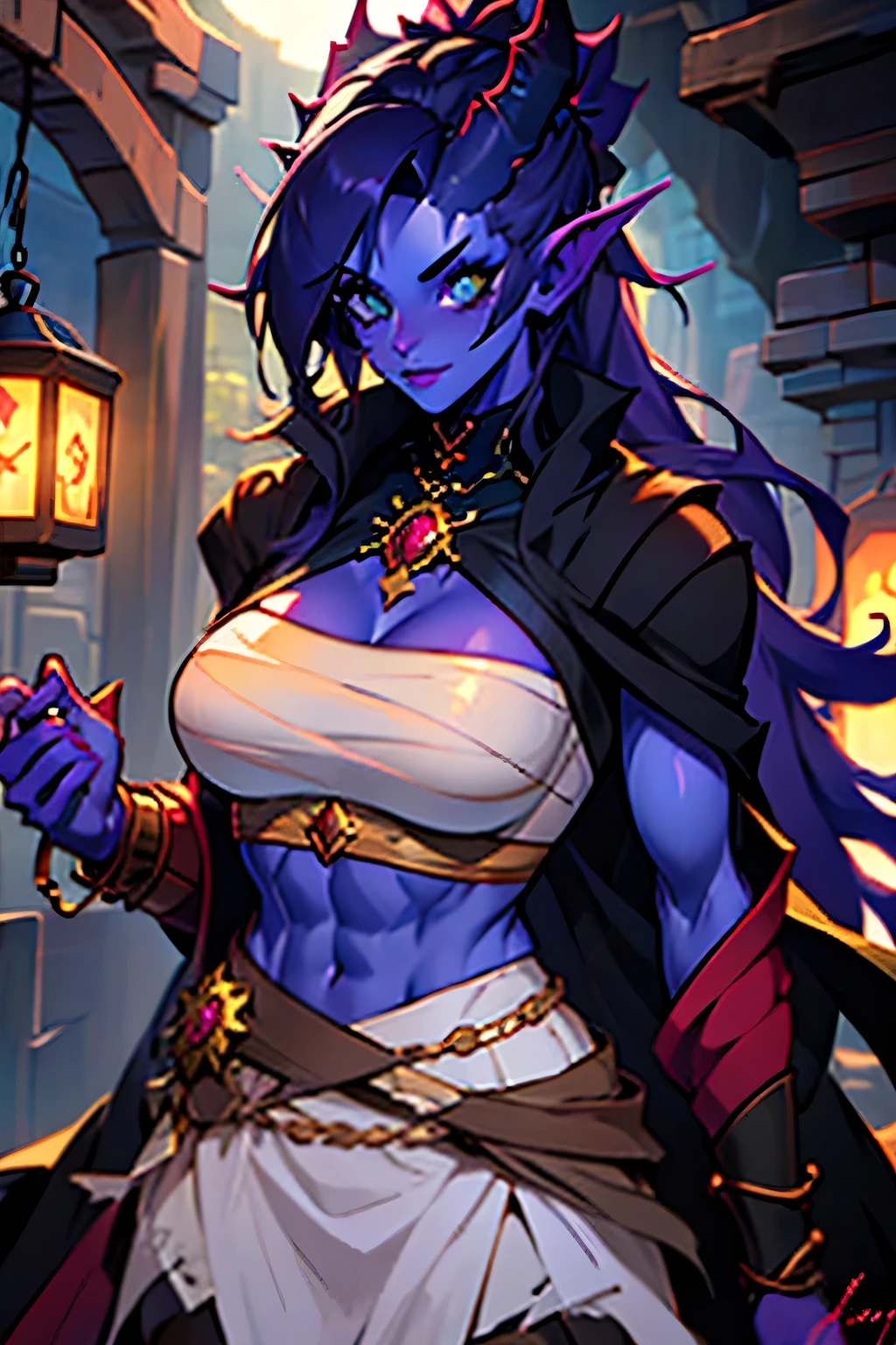 1girl, elf, short ponytail hair, black hair, big breasts, long pointed ears, red eyes ((blue skin)) sexy little dress, deep neckline, full body, night, Sitting in an old wooden house, moon in windows, dark forest, very sexy body, detailed clothing, detailed face, highly detailed, 8k, best quality, masterpiece, vibrant colors, digital art, concept art