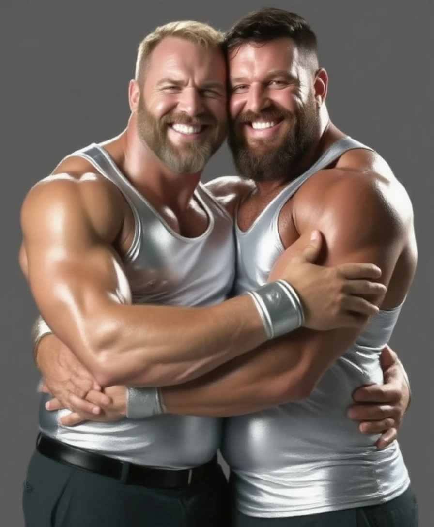 Two bodybuilders both Samoan with gray hair kissing passionately on the mouth without shirts both with black leather caps on their heads both full body obese bodybuilders both with very sweaty bodies both extremely muscular and extremely fat elderly men over 70 weighing over 600 pounds both very muscular very hairy both with big pecs with dark nipples and gynecomastia in an English pub both with black leather harness and black leather shorts