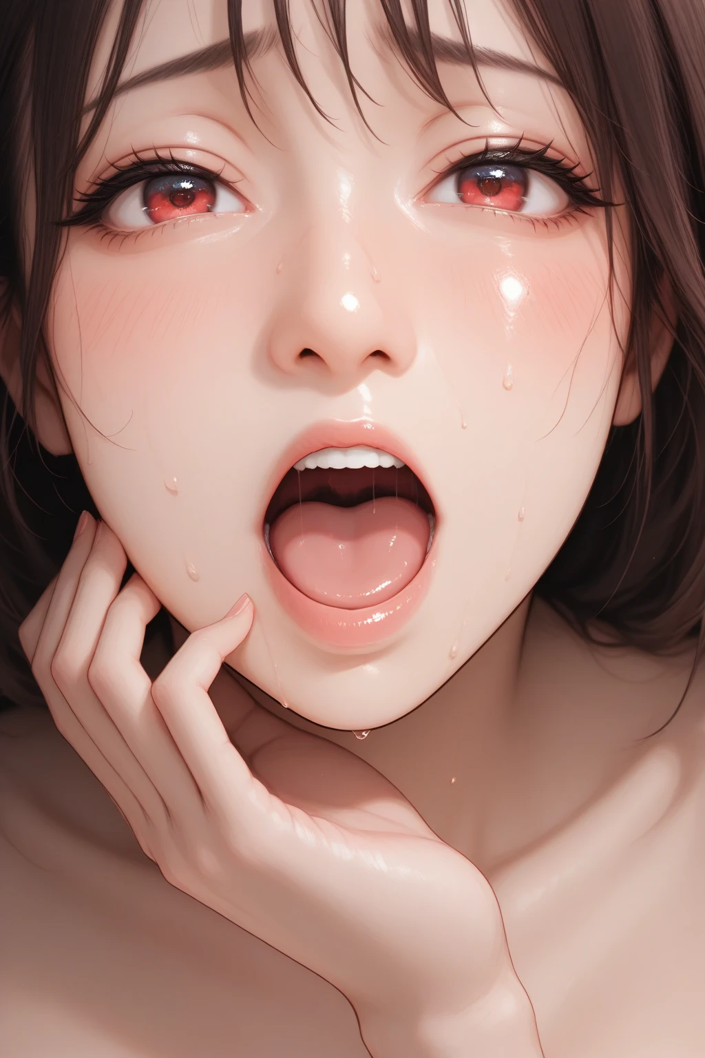 8k, raw photo, masterpiece, extremely detailed, best quality, professional lighting, high res, beautiful and adorable girl, nsfw, partially nude, tits, nipples, she shows her tits to the viewer, BREAK makima, yellow eyes, spiral in eyes, lower eyelashes, red eyebrows, dark circles under the eyes, emotionless, cold eyes, robotic expression, mysterious girl, BREAK (long black tie, white shirt, black pants), (looking up viewer, from above, ((extreme close up model)), eye contact, front view, right in front), sunset, dark clouds, indoor, office, high-floors, BREAK ((she is about to deep kiss to the viewer), wide-opened mouth, tongue, drool, (extreme close up face), very close)