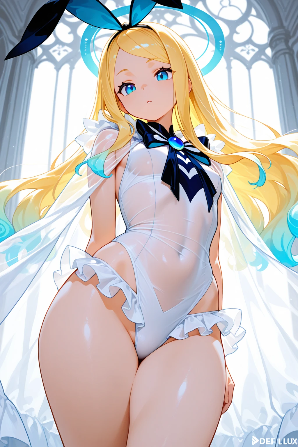 a woman in a white bodysuit posing for a picture, tight attire, wearing white leotard, blonde goddess, perfect body, beautiful blonde girl, sexy girl, white body, sexy body, sexy hot body, wet swimsuit, thin bodysuit, cute girl wearing tank suit, beautiful body, wearing leotard, blonde girl, tight outfit, great body, Anime girl, sexy anime girl, Hands always hidden and background blurred, Anime style.