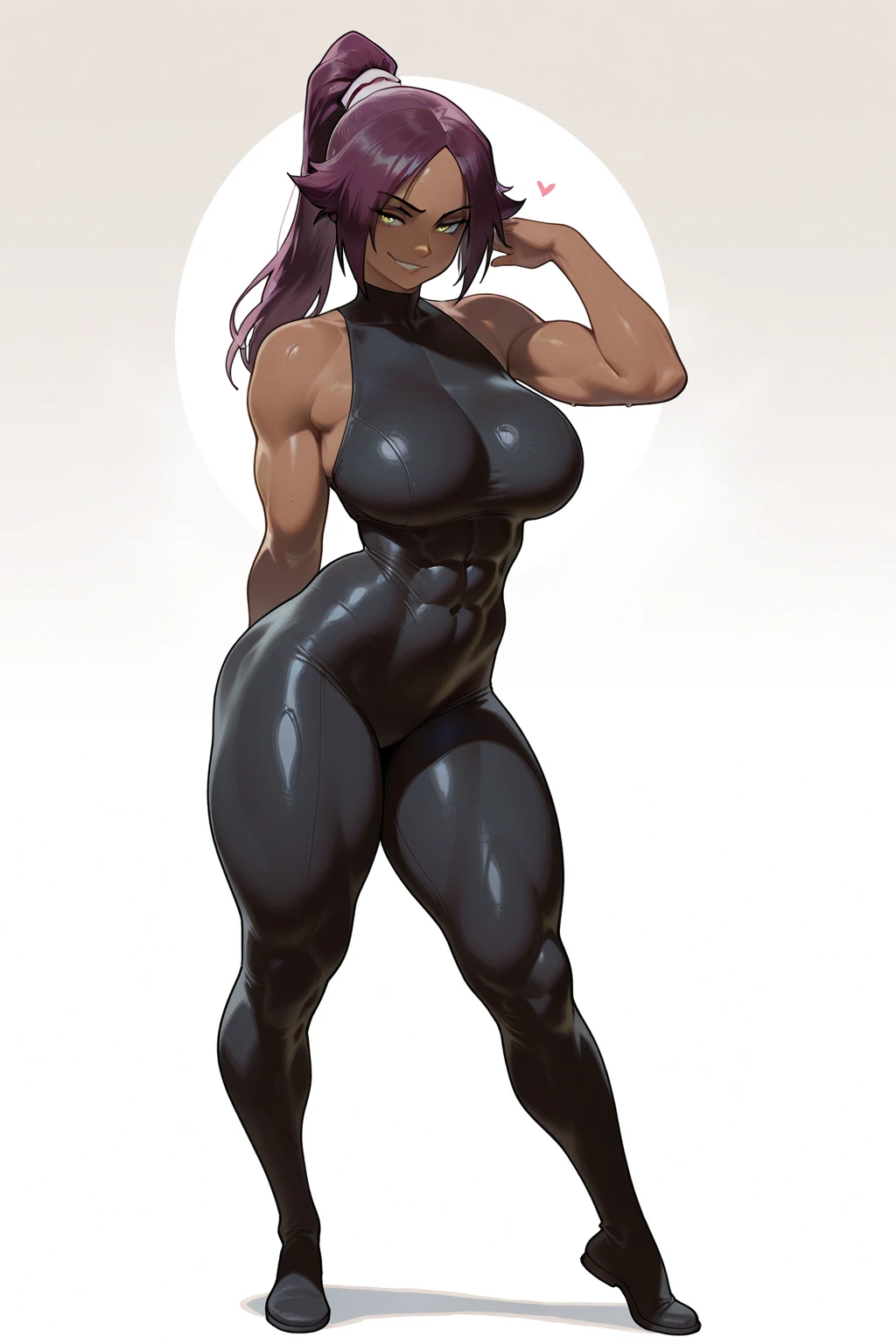 <lora:turanga_leela:0.6>, turanga leela,  masterpiece, best quality, 1girl, solo, purple hair, ponytail, hand on hip, tank top, pants, breasts, makeup, lipstick, long hair, medium breasts, standing, lips, cowboy shot, one-eyed, outdoors, white shirt, cyclops
