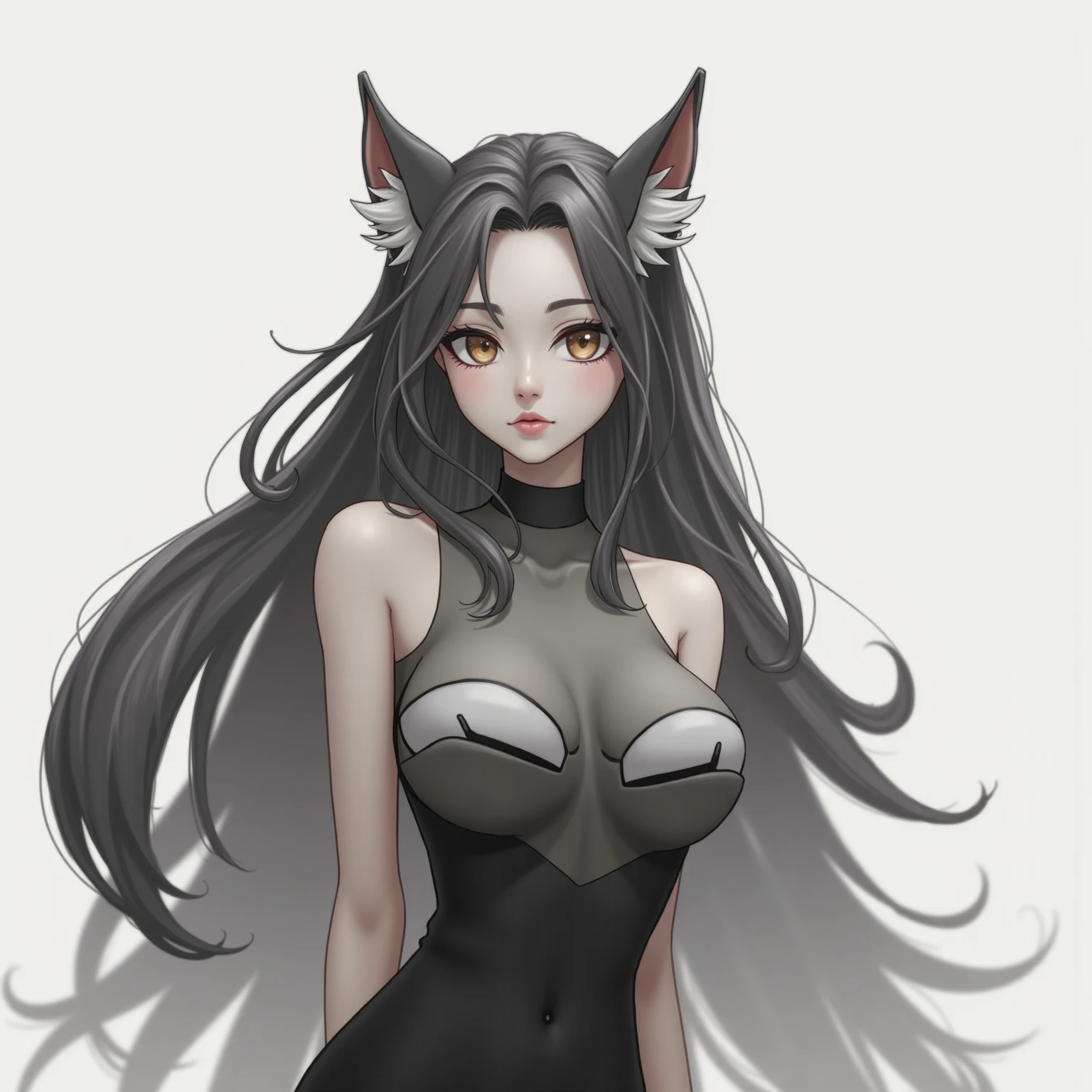 A high-quality anime-style illustration of a confident and playful young woman with long, straight dark brown hair, swept to the side and tucked behind her ears. She has red eyes and smooth, fair skin, smiling with a seductive expression. She is wearing a black sports bra with medium-sized breasts that reveal her toned abdomen and wearing tight leggings. Her accessories include long, dangling silver earrings and red fingerless gloves. The character is progressively leaning forward, pulling up a white t-shirt to show off her muscular abs. There are heart symbols near her head, adding a charming and playful element. The background is kept to a minimum, ensuring that the focus remains on the character.