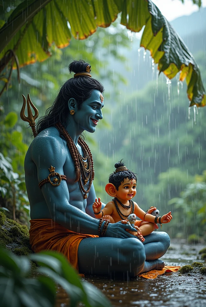 "By a serene riverside, Baby Krishna and Lord Bholenath (Shiva) are sitting together in a peaceful, playful moment. Baby Krishna, with a joyful expression, holds a delicate flute in his small hands, while Bholenath, calm and composed, holds a trident (trishul) in his powerful grip. A baby cow, soft and innocent, sits close to Bholenath, adding to the tranquil scene. The two divine beings are surrounded by the natural beauty of the riverside, with the gentle flow of the river, lush green trees, and the soft light of dawn illuminating the scene, reflecting the harmony and divinity of their presence."