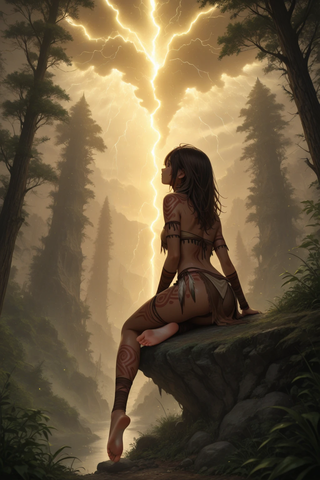 Generate an image of a female druid in a grotto with a large, dry tree, surrounded by small glowing crystals and streams of pure water, undergoing a magical transformation. Parts of her body begin to transform into bear fur, while her hands turn into claws. Behind her, the large ancient tree with glowing runes pulses with ancestral energy. Wolves and owls watch respectfully around her. The setting is historically accurate to 1514, in a Dark Fantasy context. The art style is Baroque, akin to the iconic and distinctly gothic panels of Frank Franzetta, creating a mysterious and sinister atmosphere.