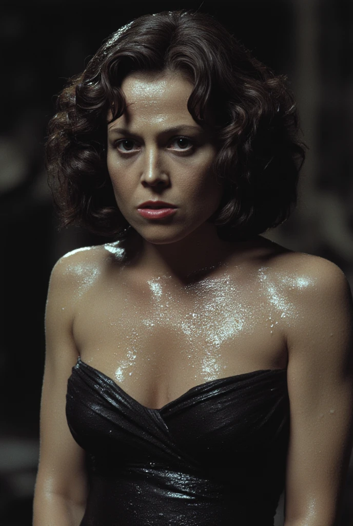 art by Eugene Leroy, rendered in autodesk 3ds max of a Exoplanet Worried (Neve Campbell:1.1) , Acting in a play, wearing Silver outfit with Warehouse designs, Action pose, Hip-Hop hairstyle, Body Chain, Horseshoe Mustache, Patches, soft focus, American Impressionism, Motion blur, Zoom lens, monochrome grayscale black and white b&w cool shadows warm highlights soft focus black and white classic sound stage vintage film grain scratches patina directed cinematography movie film classic