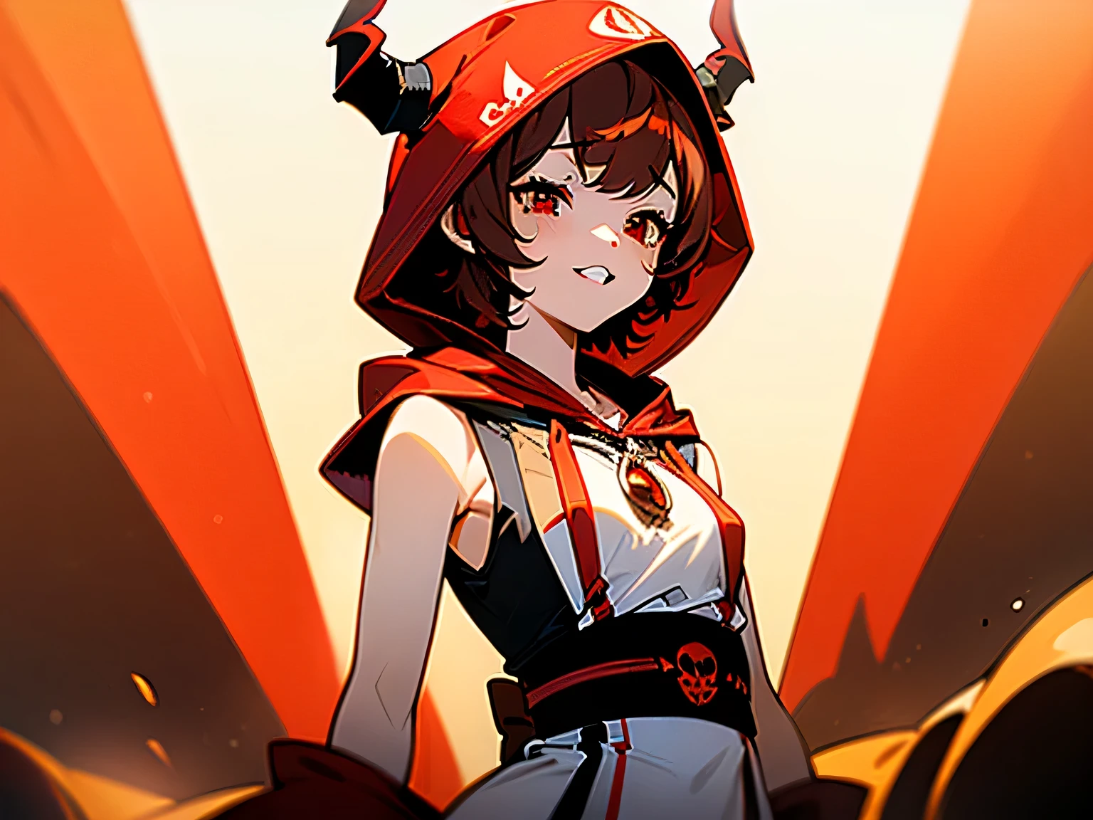(SFW:1.5),(small breasts:1.3),beautiful, masterpiece, Highest quality, anime,(1athletic female:1.5), (alone:1.5), look at viewer, Intricate details, (Shining Eyes:1.3),(Beautifully detailed eyes:1.1),(Eyes are bright red:1.5),(short hair:1.5),(sidelocks:1.4),(Demon horns on head:1.5),(Brown Hair:1.5), (slant eyes), Cheerful eyes,(Mouth wide open and fangs:1.3),(armor:1.5),(Sharp focus:1.2),from front,(light smile:1),(upper body),aggressive,(White hood:1.3),(embarrassed),