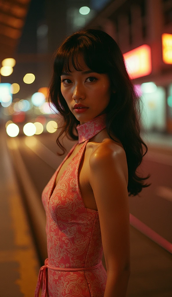 (((best quality))),(((ultra detailed))),(((masterpiece))),illustration,1girl,slim,vibrant rose-pink cotton dress,short ponytail,pantyhose,standing, bustling city streets, honking cars,surrounded by crowded crowds, colorful advertisements,enjoying sights and sounds,(dark black skin:1.5),day scene,upper body,from front, back,towering hips,butt crack