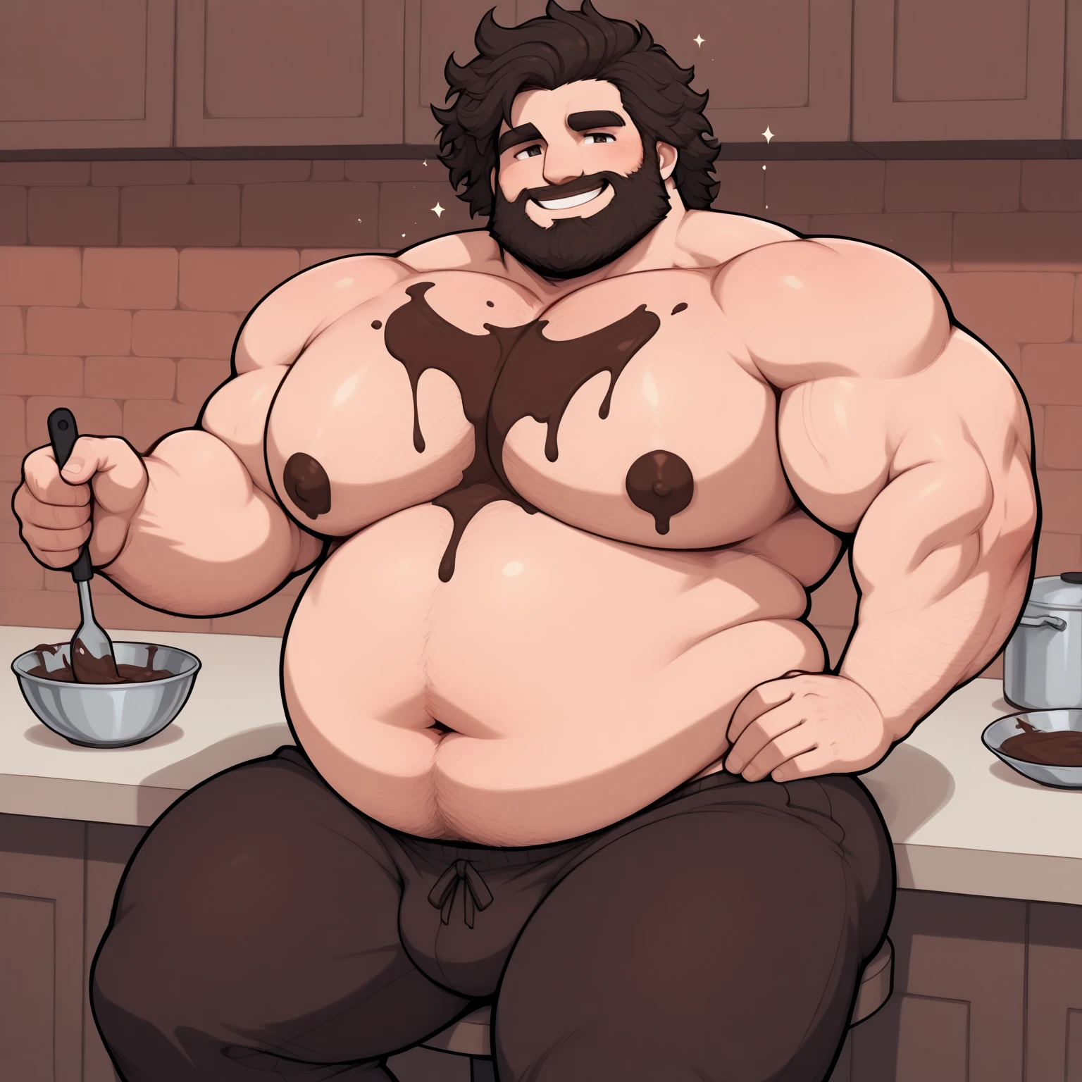 Masterpiece, Neanderthal man, very muscular, big arms, big pecs, bloated belly eating meat with his hand, must not contain any dish or household utensils, best quality, hominid highlights leather clothes, low light.