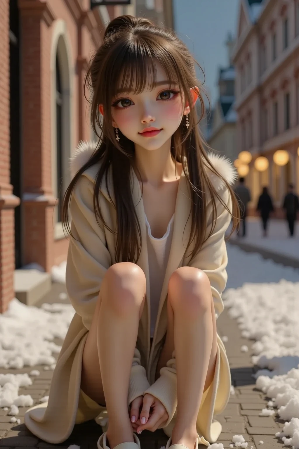 (best quality, masterpiece), 1girl, hoodie, long hair, street, crouching, looking at viewer, beanie, skirt, makeup, piercing, pantyhose,