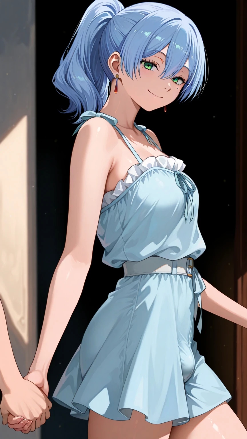 (extremely delicate and beautiful:1.2),1girl, bangs, blue eyes, blurry background, short hair, blue hair, closed mouth, from front, lantern, light particles, evening gown, dress, necklace, earrings, jewelry, sleeveless, bare shoulders, looking at viewer,  night, solo, medium full shot, smile,red lips, medium breasts, mer1, one arm up, armpit