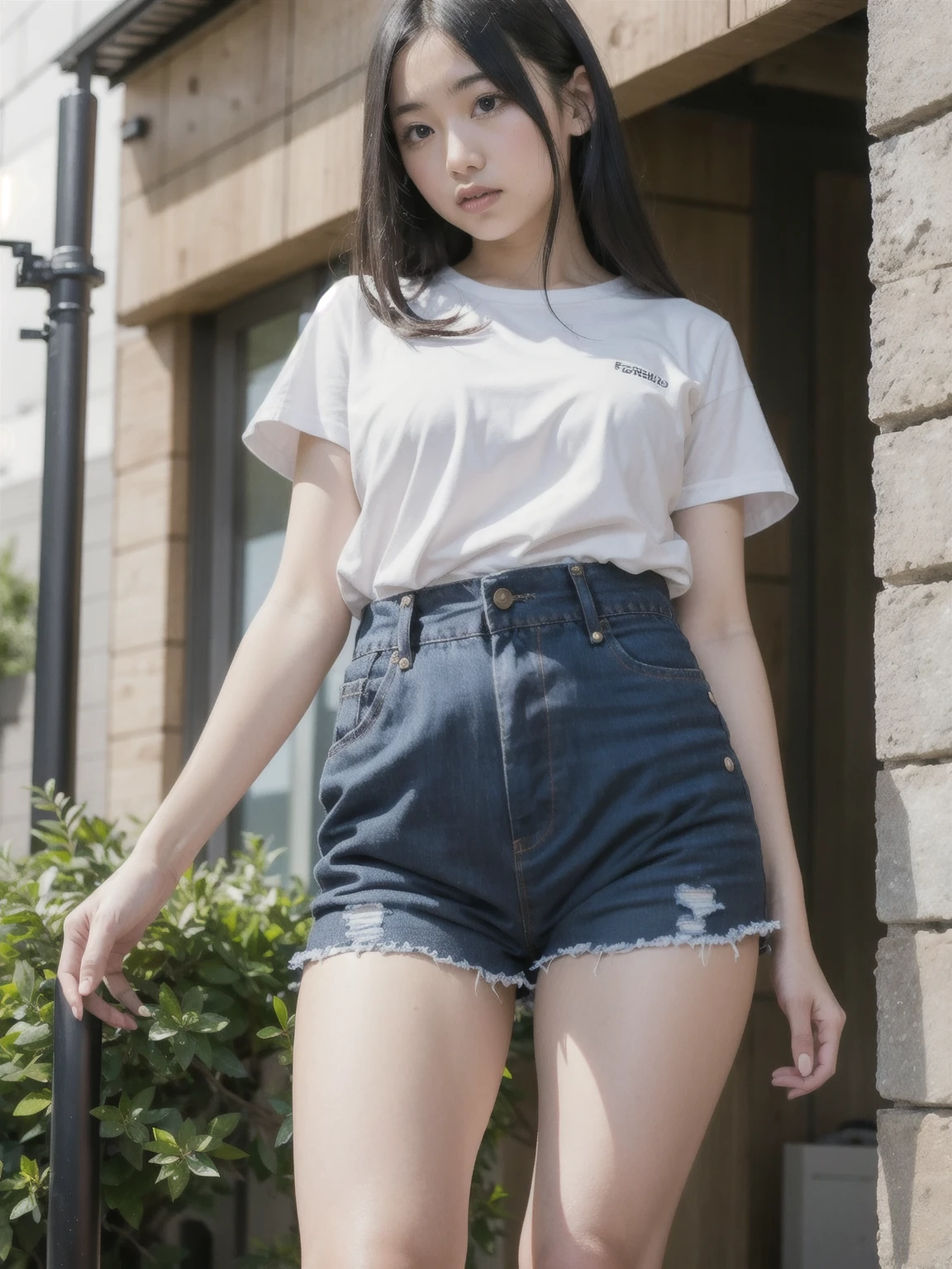 Very young 14 year old girl with curly black hair, hyper white skin, he would be, very thin, white short sleeve shirt, with black vest with gold buttons, long, tight-fitting denim pants ripped and torn at the knees, black tennis shoes with white sole, short socks, cara circular, very short, standing, 8k, magazine photography