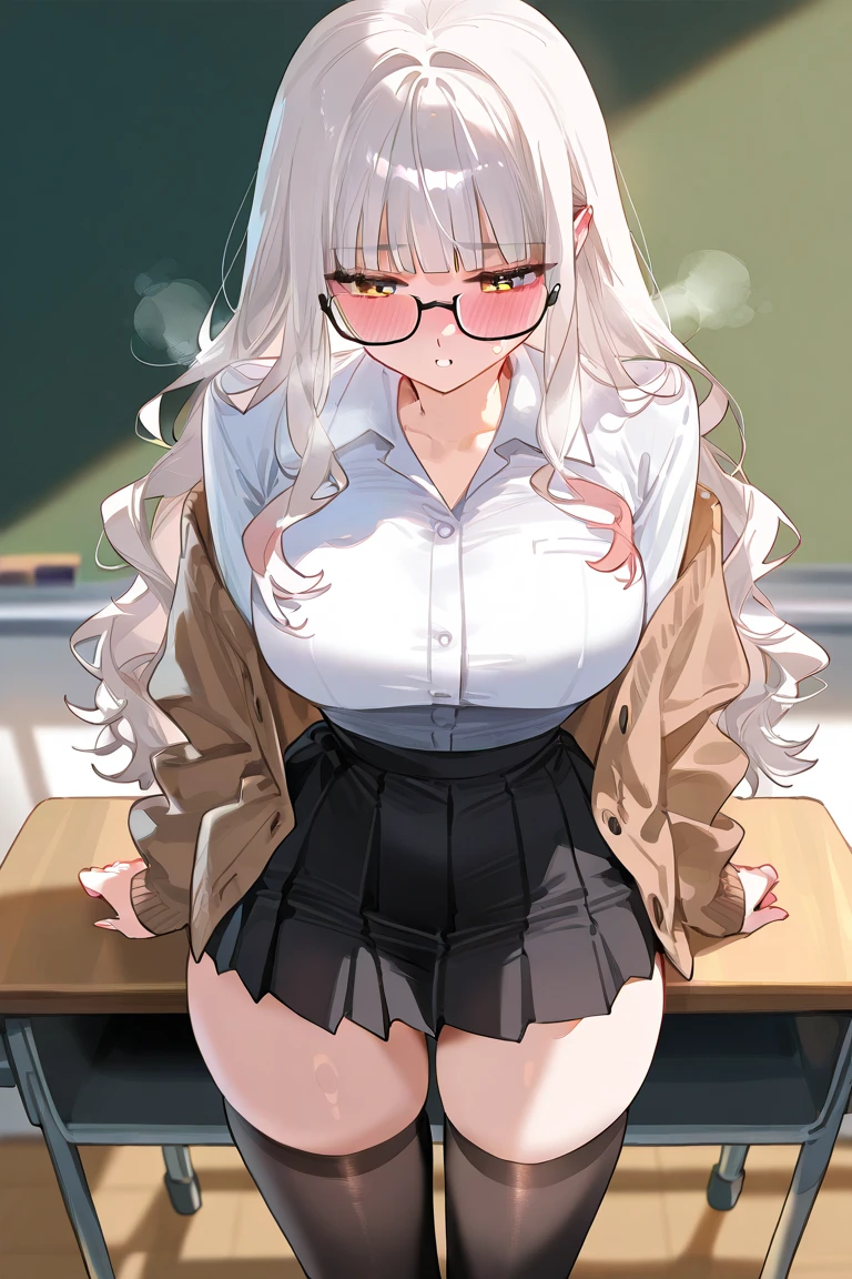 ((best quality)), ((masterpiece)), (Circumstantial), anime style, 1girl best quality, portrait, ultra detailed, beautiful face, perfect ???????, tan skin, black, giant hair, perfect hair, bangs, (hair between the eyes), (hair accessories), perfect light green eyes, eye details, happy expression, lips, open mouth, smiling, teacher, short long sleeve shirt, glasses, arms, Hands, five fingers in hand, (thick legs), (big thigh ), perfect thighs, possession, background scenery, classroom, white walls, lighting, lamp, objects in the background, tables and chairs, details in the environment, looking at the viewer
