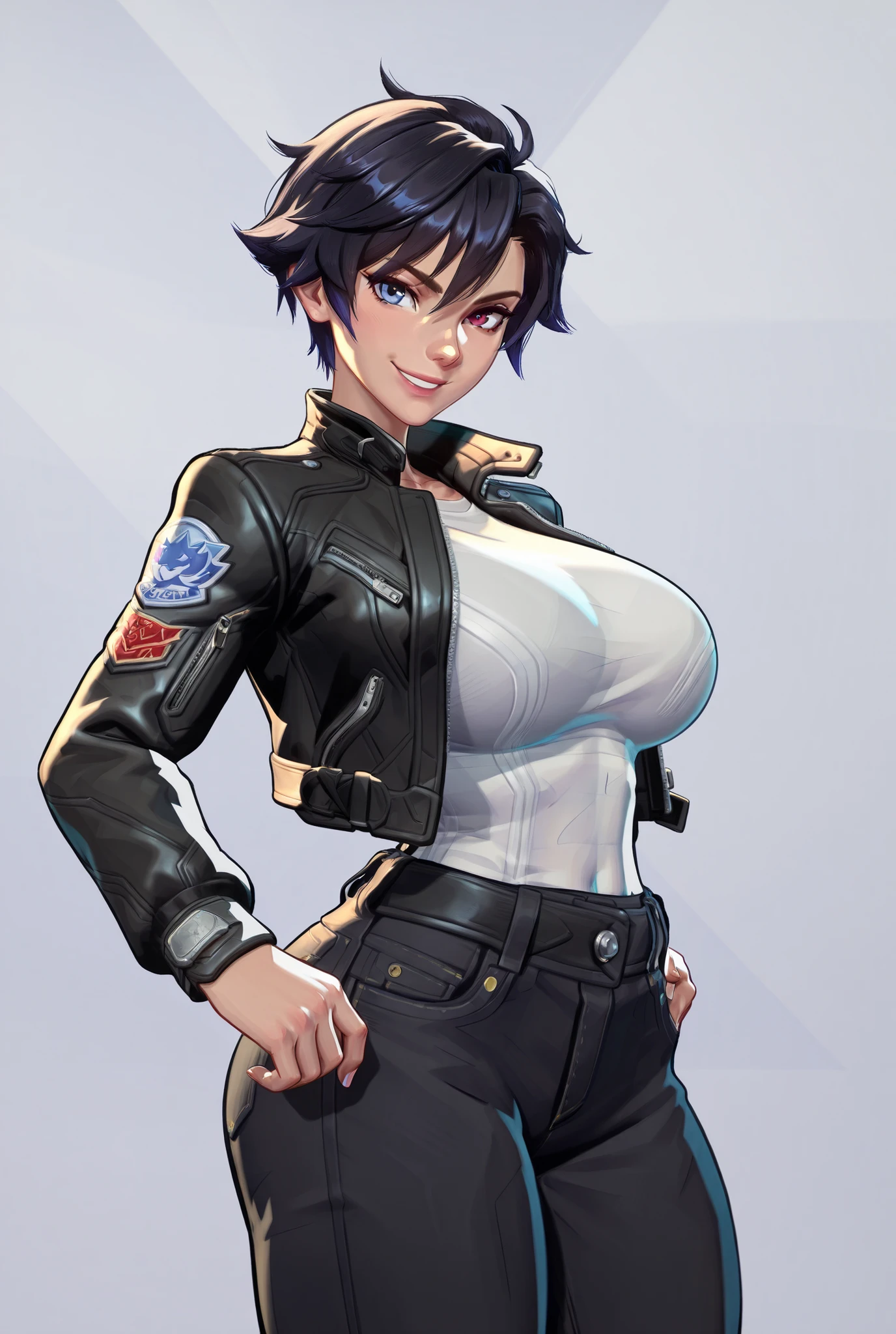 {{masterpiece, ultra-high quality, professionally detailed, professionally shaded}} single person, 1girl,short hair, black hair, absolutely huge breasts, absolutely thick thighs, absolutely wide hips, slim waist, undershirt, white undershirt, black pants, Jacket, jeans, tomboy, long sleeves, black jacket, motorcycle jacket, heterochromia, red eye, blue eye, looking at viewer, white background, r1vals, huge breasts, sexy eyes, sexy smile
