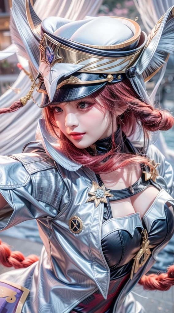 (top-quality:1.2, masterpiece)、ultra high resolution、extremely ultra surrealism, (Photorealsitic:1.4)、Raw photo、(Steampunk Battle Cyborg fallen angel)、large wings made of metal、black porcelain body、red  hair、glowy skin、1 Cyborg girl、(mechanical frame:1.3)japanese, extremely cute face,  ((super realistic details))、portrait、globalillumination、Shadow、octan render、8K、ultrasharp、character edge light、Details of complex ornaments、Acrylic Clear Cover、Sumerian details、Hydraulic cylinder、Small LED lamp、highly intricate detail、Realistic light、a purple eye、radiant eyes、Facing the camera、neon details、cowboy  shot、Futuristic headgear、About Cyberpunk
