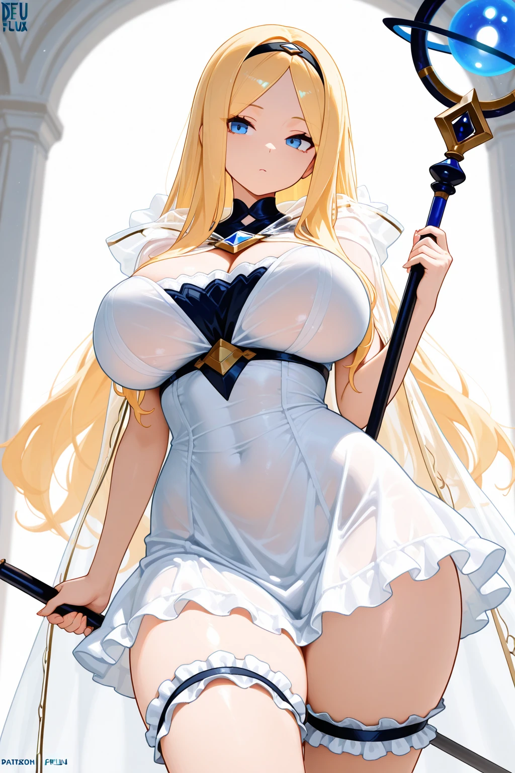 (hyper extreme detailed), (masterpeace), (hyper extreme), (photorealistic), CG, llustration, novel illustration, game cg,(large filesize:0),(doujin cover:1),(decensored:0),(nomal anatomy:1), (perfect anatomy:0), (good anatomy:1.0), (perfect body:0), (reproduced face:1),solo,1girl,indoors,(pregnant:0),(pussy:0),(cum in pussy:0),(impregnation:0),(ahegao smile:0),(spread legs:0),(completely nude:0),(nude:0), standing,arm up, Painleve,blonde hair,tiara,white elbow gloves,long skirt,black shirt,blue apron,white Mermaid dress,puffy sleeves, <lora:Painleve_v1:0.99>