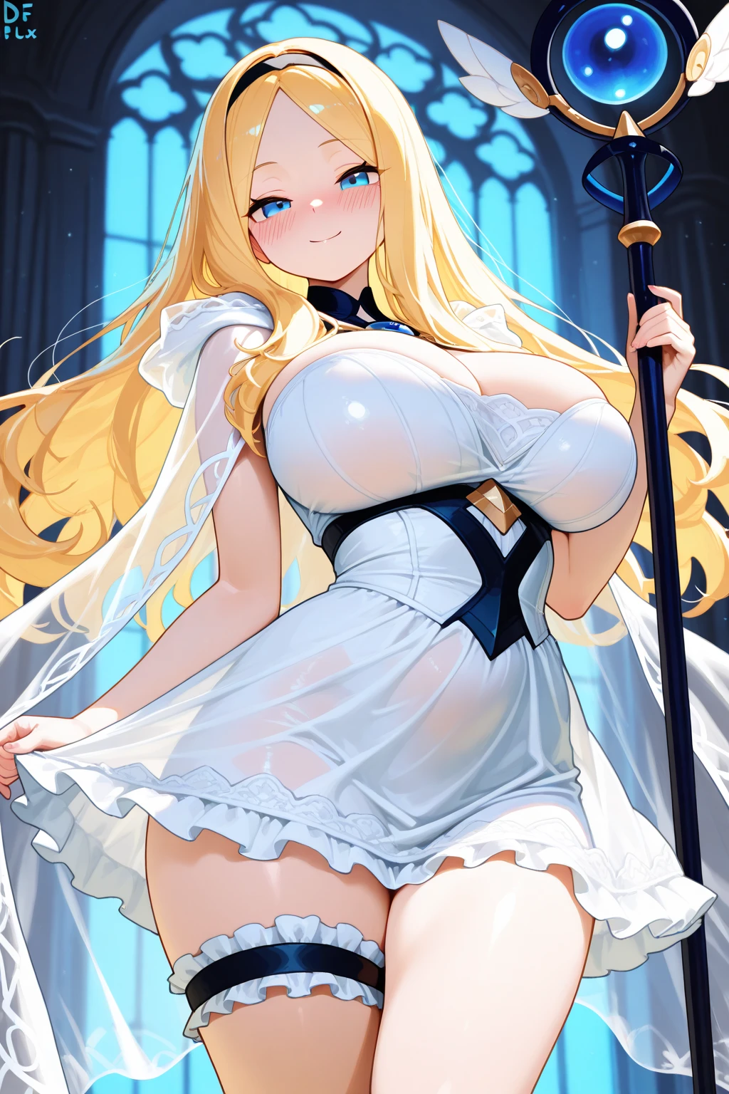 official art, masterpiece, sharp focus, (beautiful gorgeous cute woman:1.3), (beautiful cute:1.3) beauty, Delicate and beautiful hair and eyes and face, realistic, ultra detailed, beautiful girl, glow white particle, (sidelighting:1.2), slender, Lovely, (massive gigantic breasts:1.2), ((pink areolas)) ((underboob)), ((sideboob)), and very large hips, smile with teeth, ((smile with eyes, open both eyes)), ((spreading legs inside a church)), open legs, ((visible cameltoe)), long straight blonde hair, sexy facial expression, dynamic hair, glow blue eyes, (wearing tiny micro undersized tight ((transparent:1.2)) insufficient ((barely covering white bride lingerie)), white long transparent socks, pale skin, hair ornament,