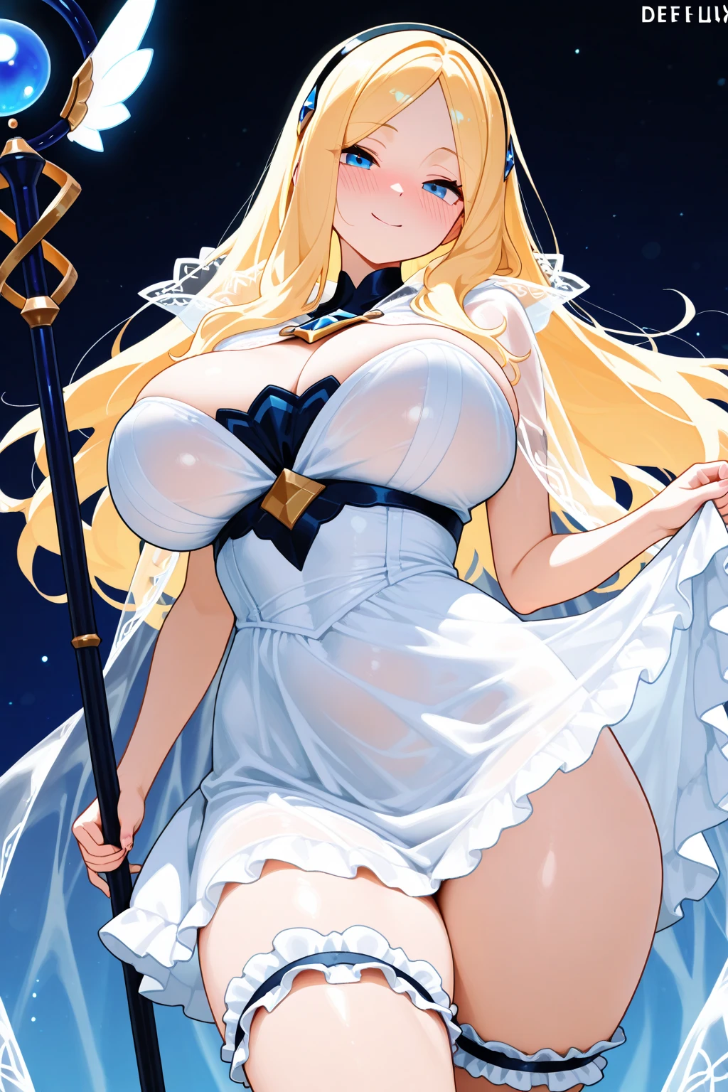 4K,High resolution,One Woman,Blonde,Long Hair,Blue Eyes,Big Breasts,Valkyrie,White sacred armor,Winged headgear,Blue boots,Jewelry decoration,Excalibur,Temple in the Sky