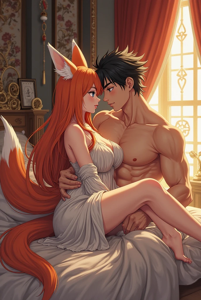 a hot kitsune woman in anime style with red hair and 9 tails. She is busty and has a big ass. She is chubby with short kimono. Her nipples are free in bed with a kitsune male with a big cock hanging out, and long white hair that falls down to his knees. sucking him off